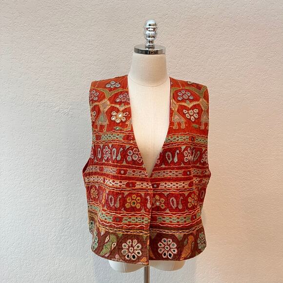 Vintage 90s Embroidered Vest Boho Phoebe Buffay Hippie Embellished Orange - Picture 1 of 9